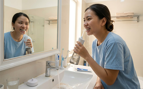 Vệ sinh răng đúng kỹ thuật khi niềng - dùng bàn chải kẽ và máy tăm nước.
